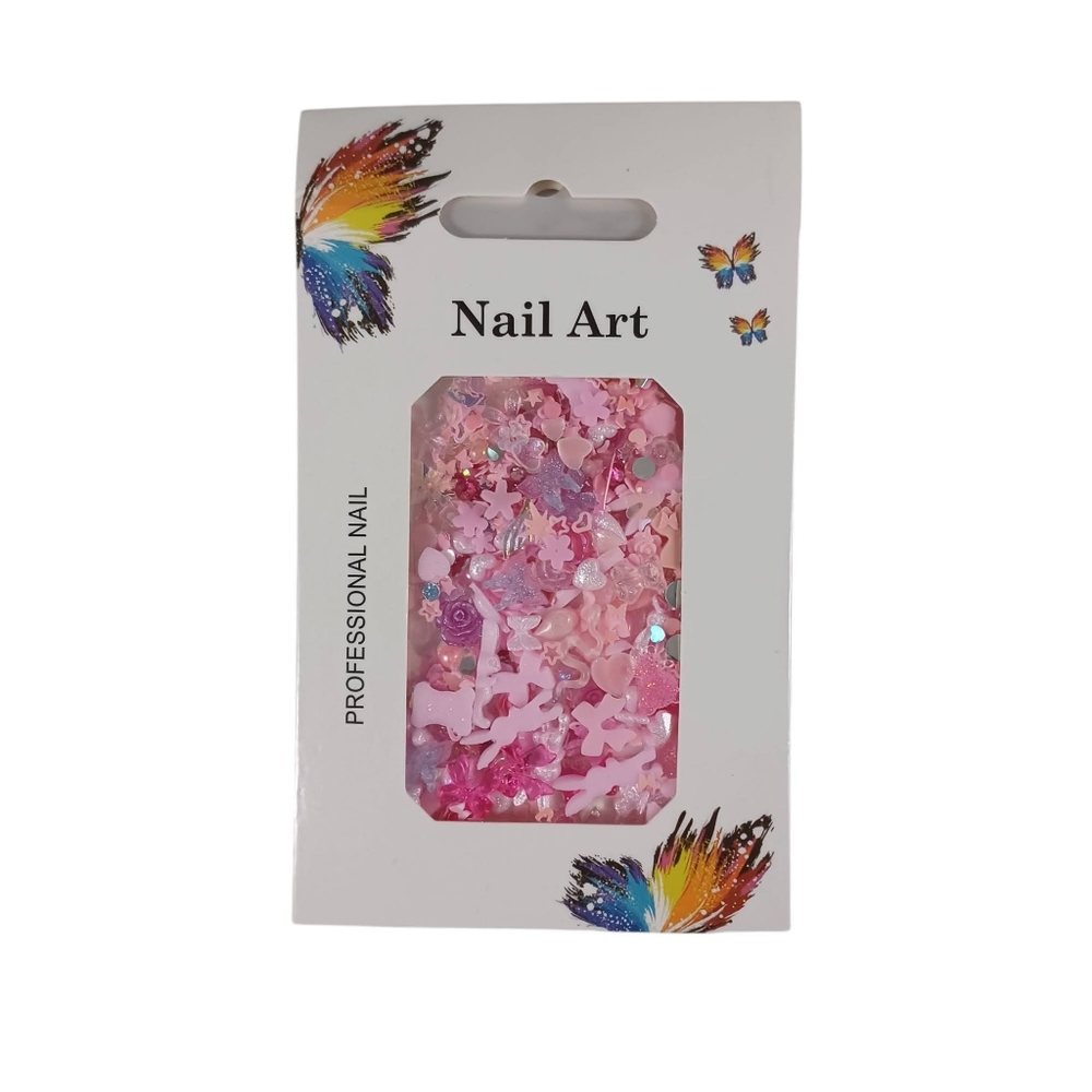 3D Nail Charm Art NEW Pink -100 Mixed Pieces -Rabbit, Butterfly, Rose, Heart Etc